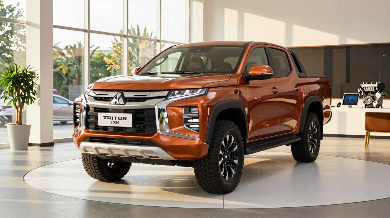 Orange pickup truck displayed in a modern showroom with large windows and greenery outside.