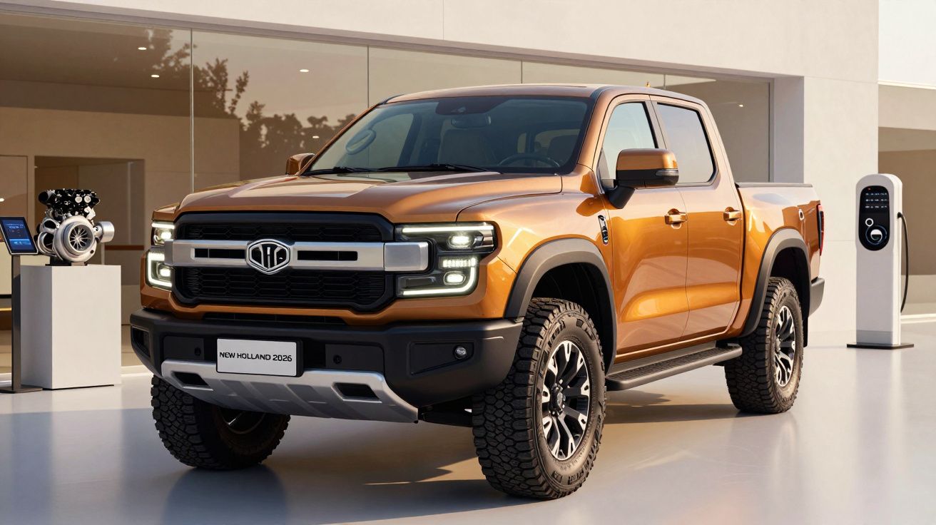 Orange pickup truck parked near a charging station and engine display against a modern building backdrop.