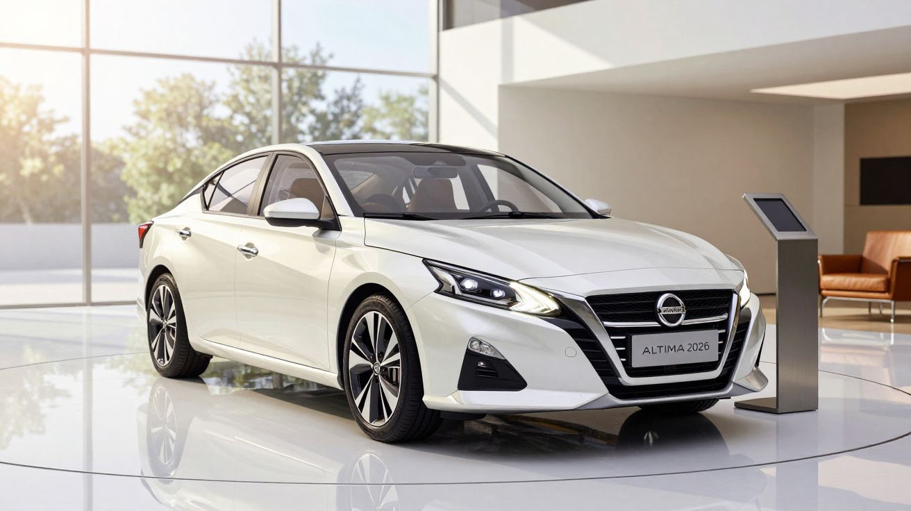 White sedan displayed in a modern showroom with bright natural lighting.