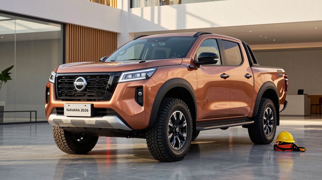 Copper-colored pickup truck parked indoors next to a yellow hard hat and gloves.