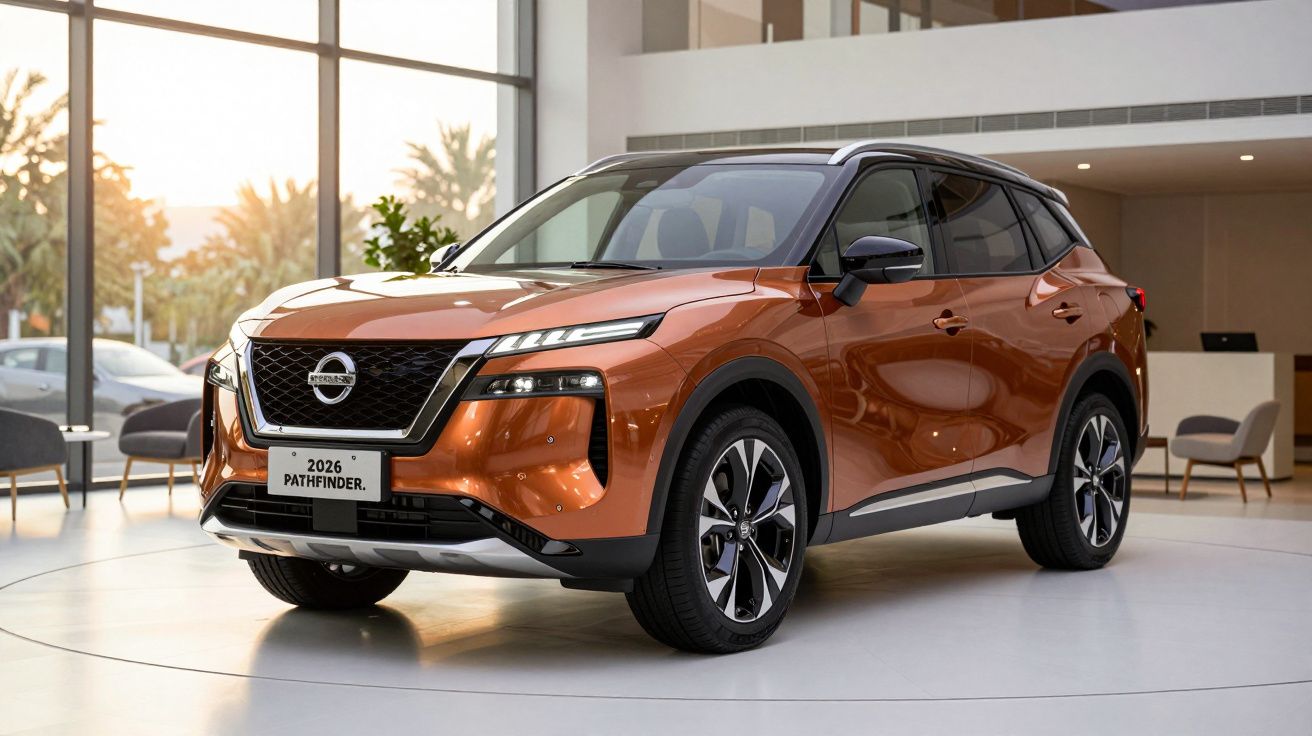 2026 Nissan Pathfinder in vibrant orange displayed in a modern showroom with large windows and plush seating.