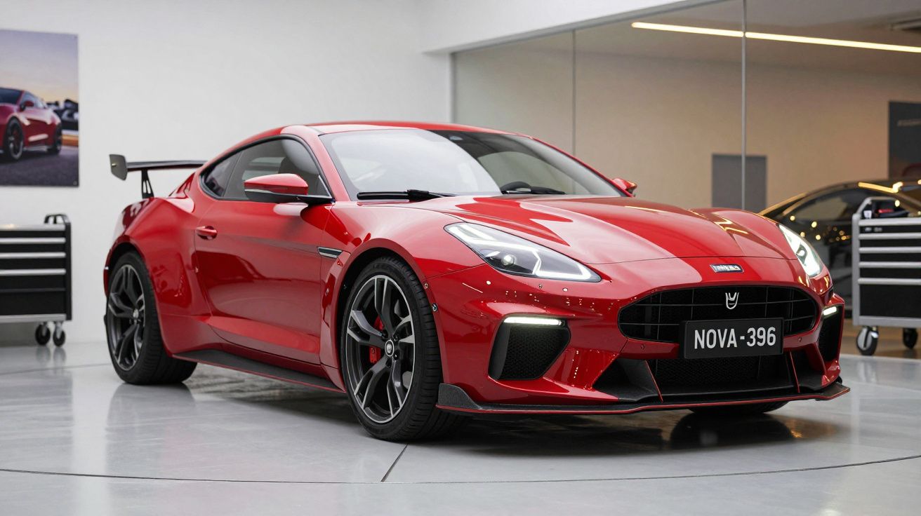 Red sports car with black rims and a rear spoiler parked in a showroom.