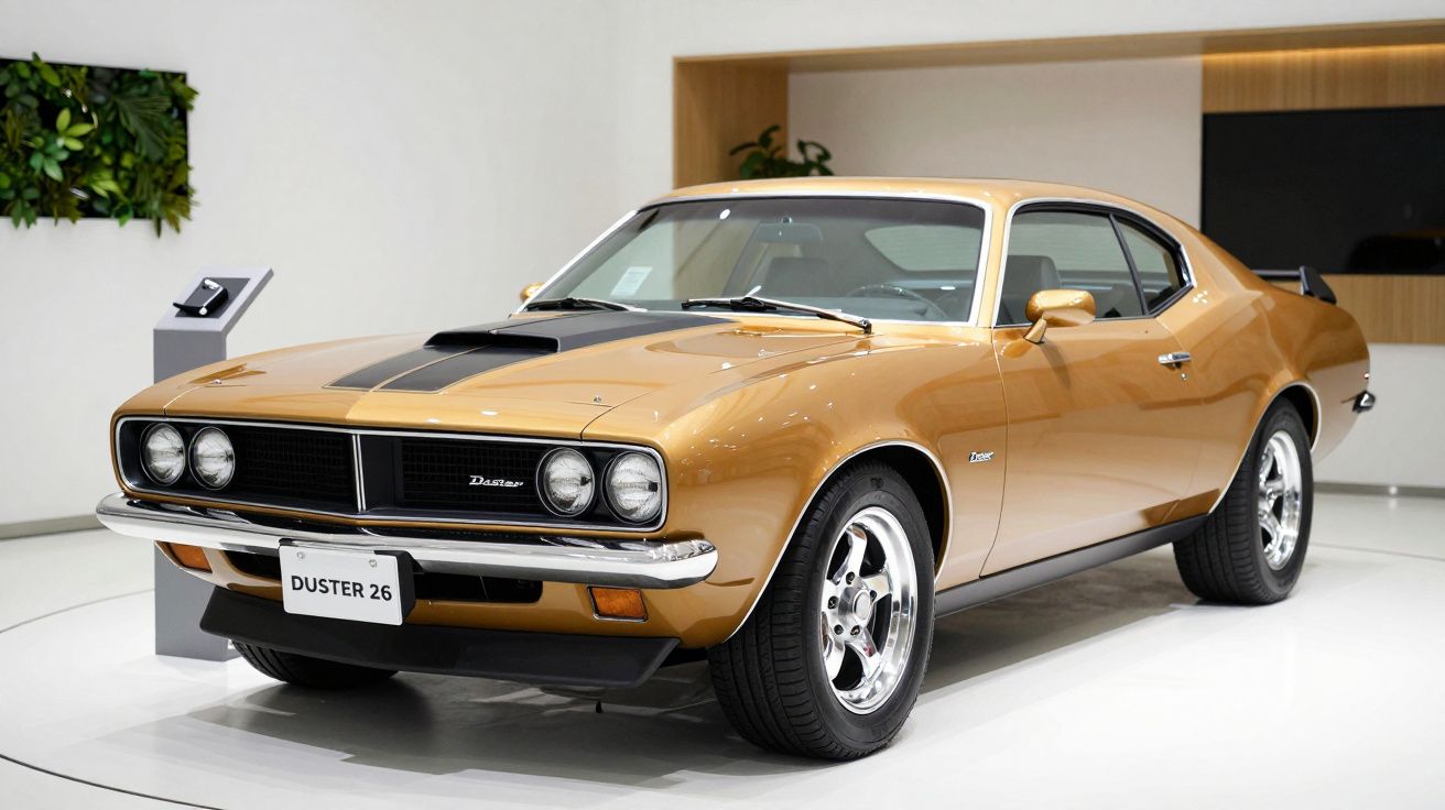 Vintage gold muscle car on display in a modern, well-lit showroom.