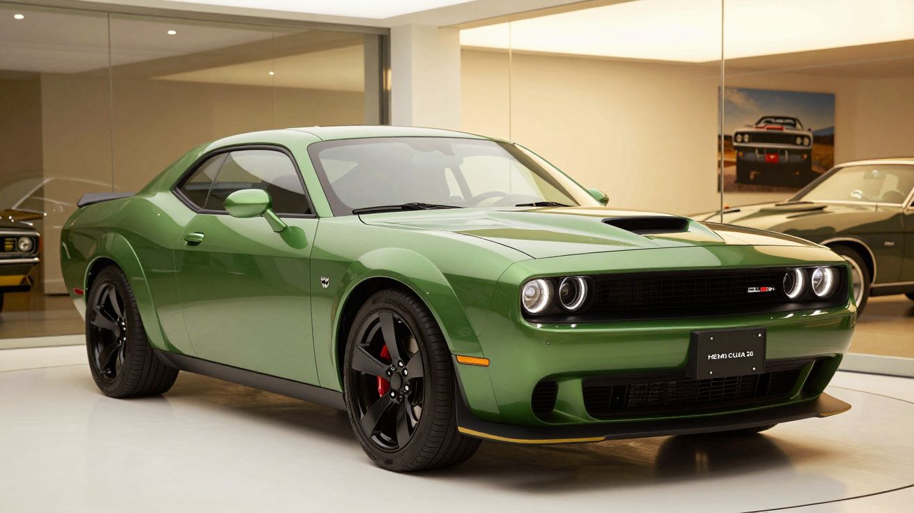 Green sports car with black alloy wheels displayed in a showroom.