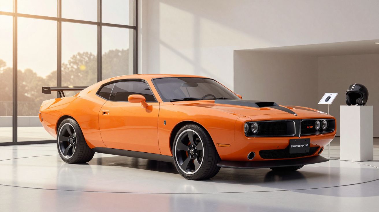 Orange sports car with black accents displayed in a modern showroom, near a helmet and stand.