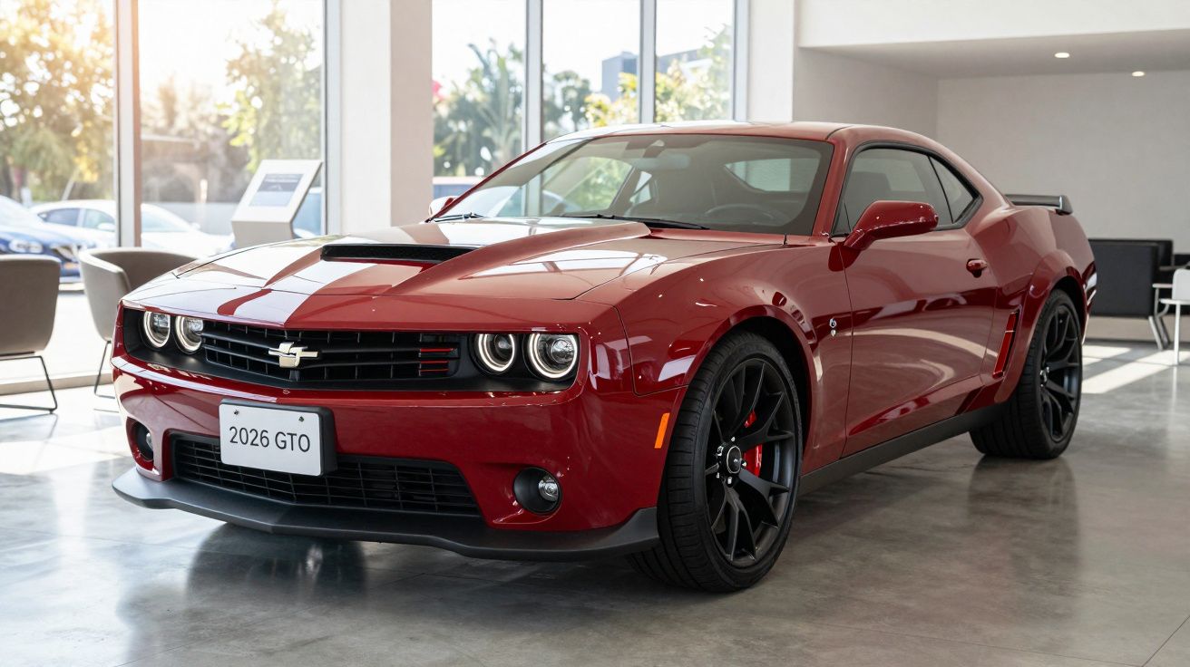 Red sports car with black rims on display in a showroom, front view.