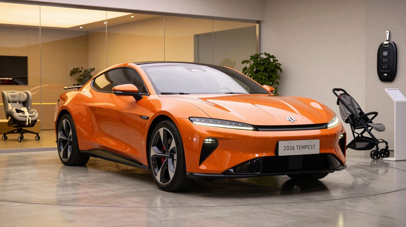 Orange sports car named "2026 Tempest" displayed indoors next to a stroller and large key fob on the wall.