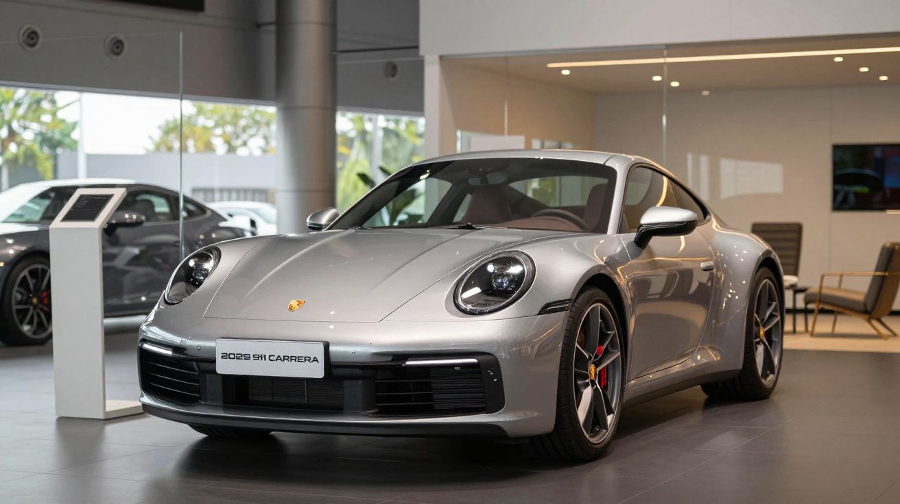 Silver 2019 Porsche 911 Carrera displayed in a modern showroom.