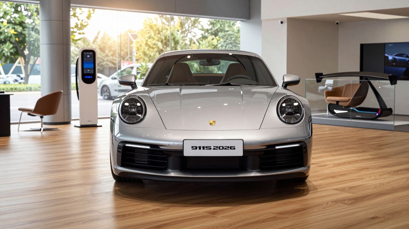 Silver sports car on display in a modern showroom with wood flooring and seating area in the background.