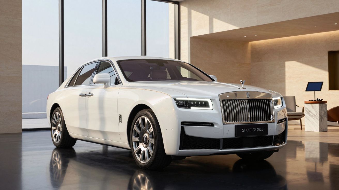 White luxury car in a modern showroom with large windows and minimalistic decor.