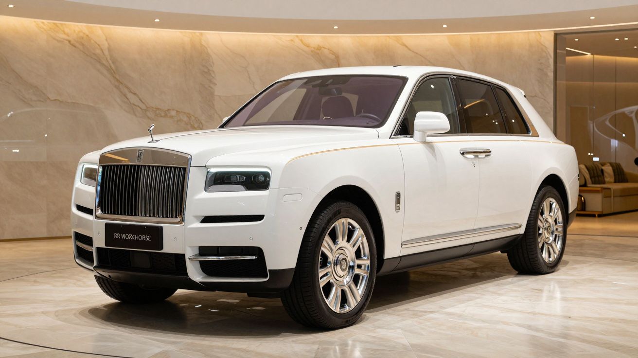 Luxury white Rolls-Royce SUV displayed in an elegant showroom with marble walls and spotlighting.
