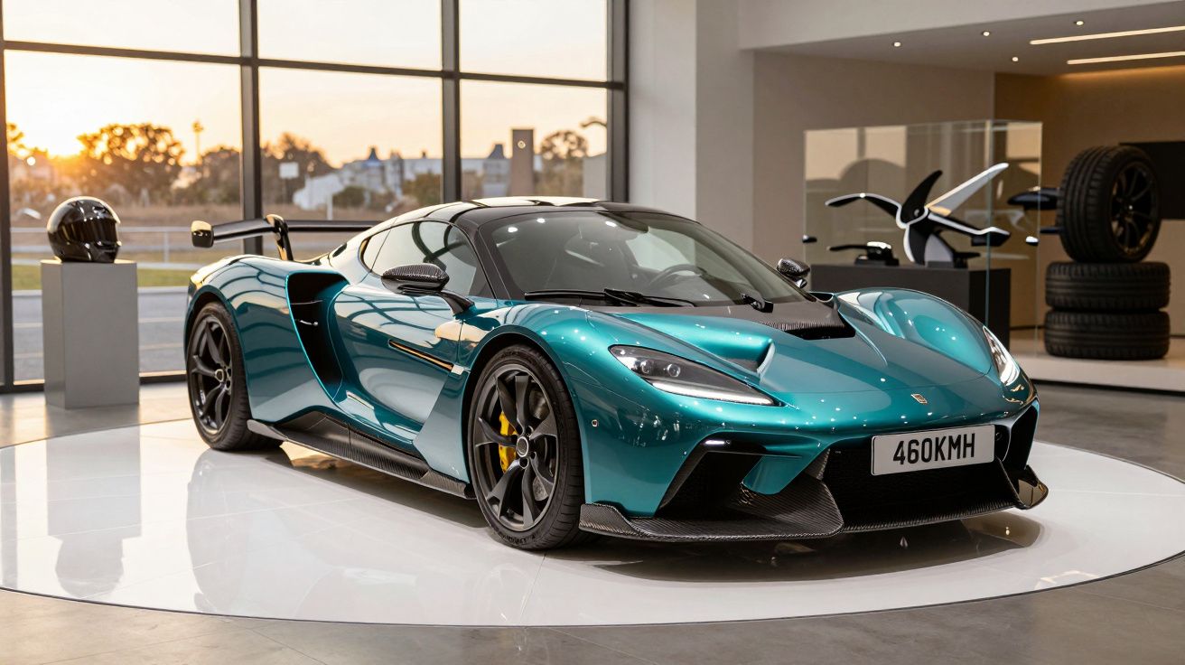 Sleek turquoise supercar displayed indoors, with aerodynamic design and large windows, bathed in natural and artificial light