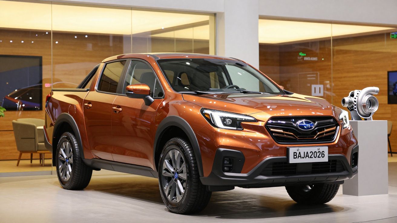 Orange Subaru Baja pickup truck on display in a showroom, surrounded by modern furnishings.