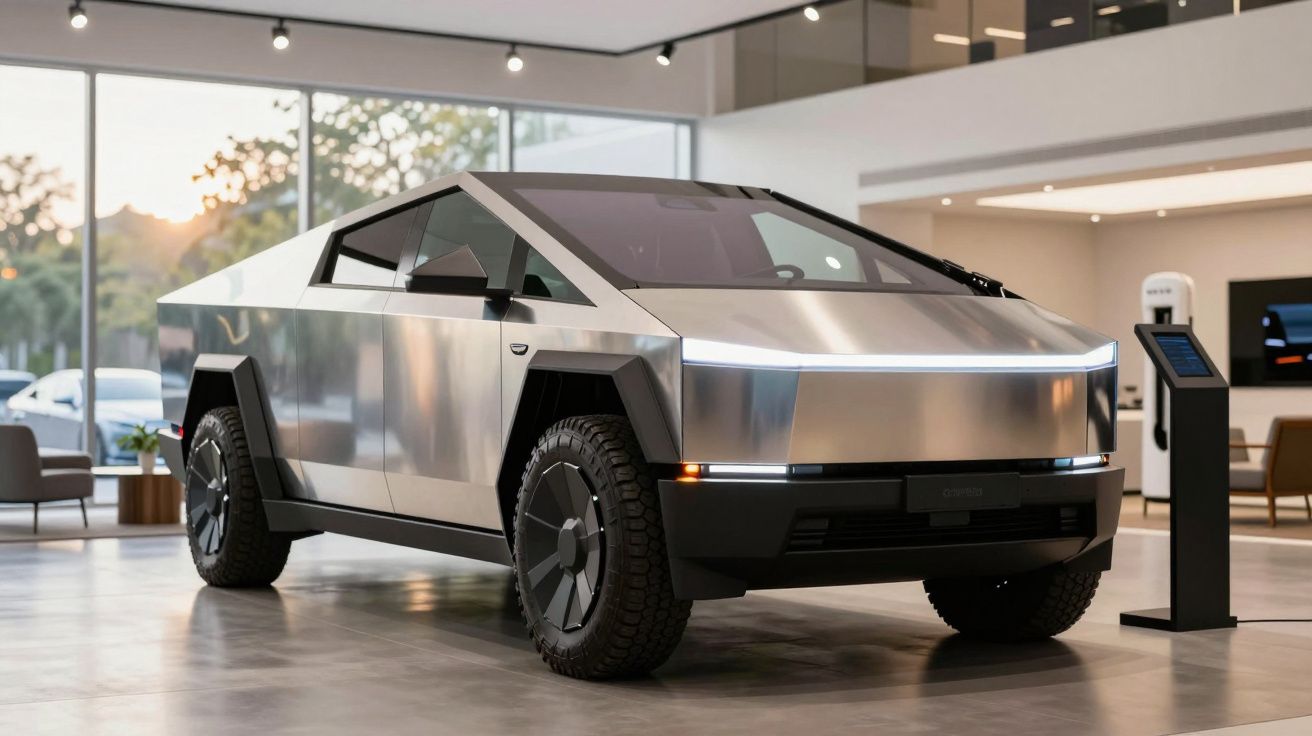 Futuristic metallic electric truck in a modern showroom with large windows and sleek interior design.