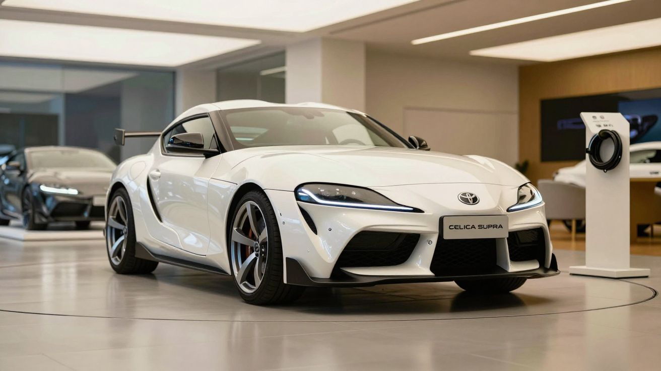 White Toyota Celica Supra displayed in a modern car showroom with other cars in the background.