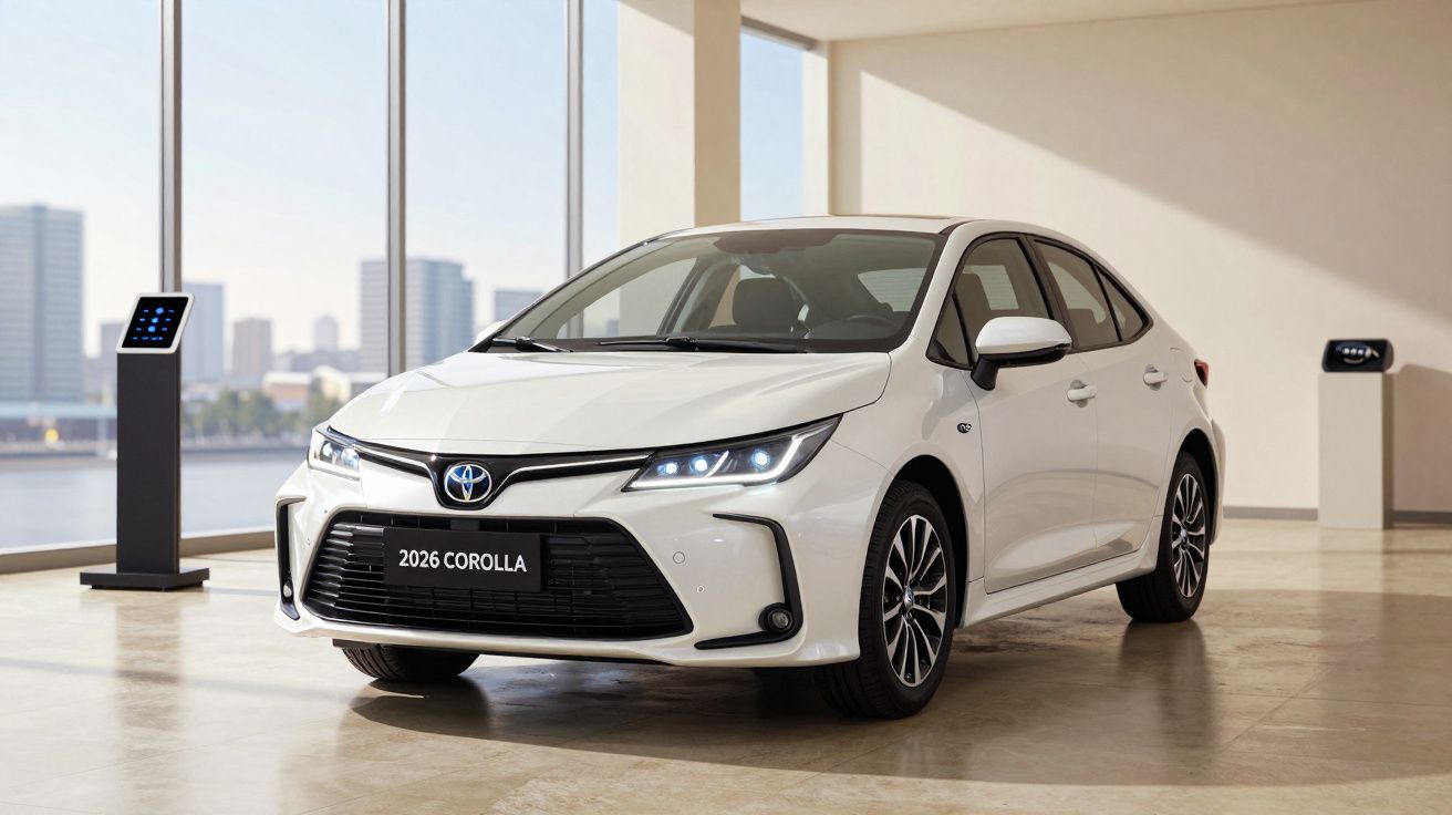 White 2026 Toyota Corolla sedan displayed in a modern showroom with cityscape view through large windows.