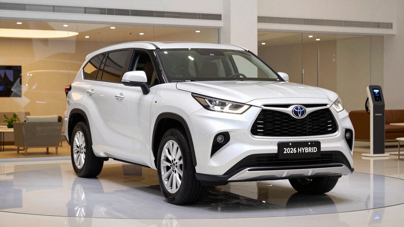 White 2026 Toyota SUV hybrid in showroom with a charging station in the background.