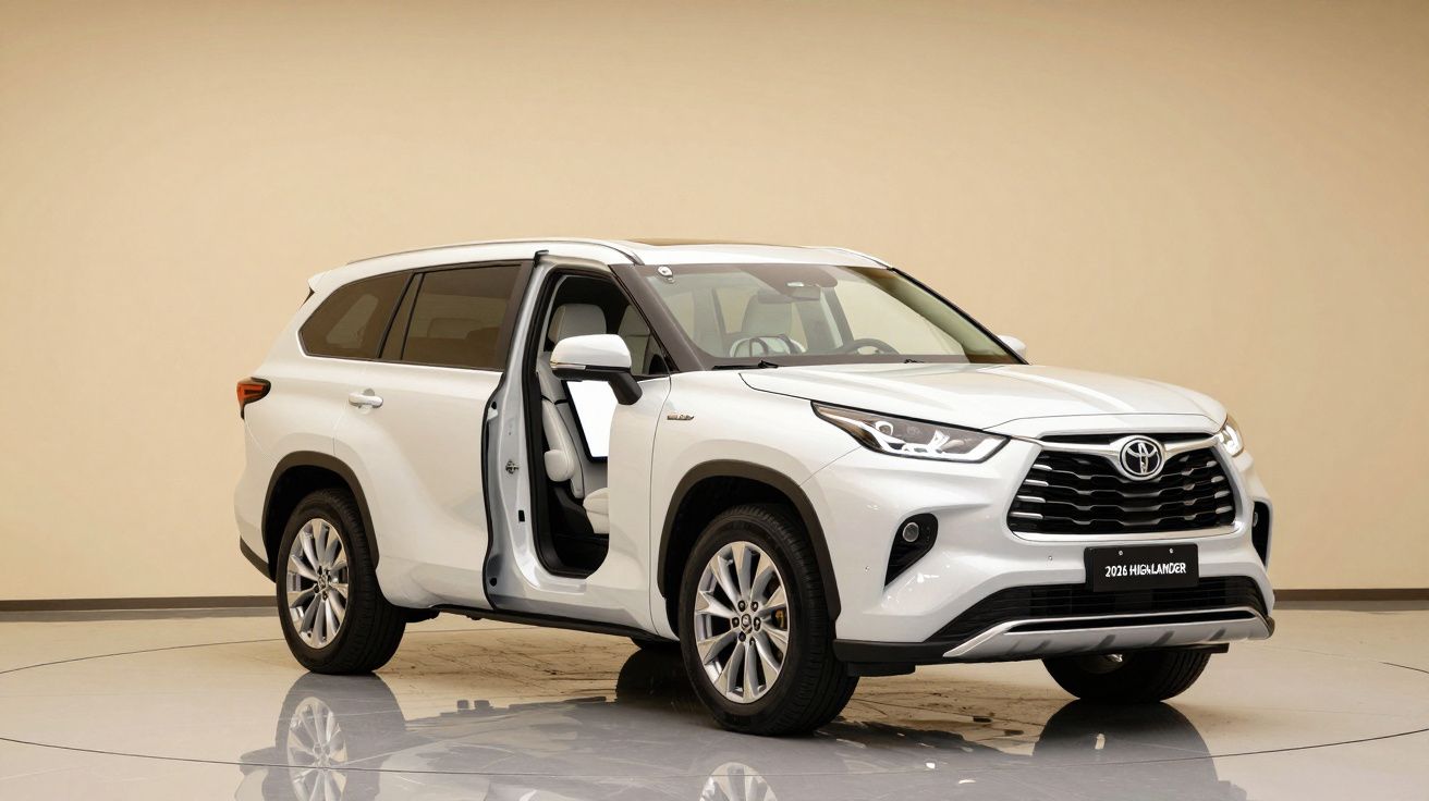 White Toyota Highlander SUV with front passenger door open in a well-lit showroom.
