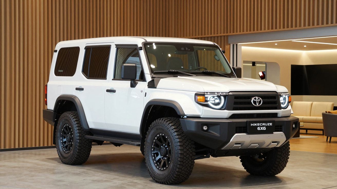 White rugged off-road SUV with black accents, parked indoors with wooden panel walls.