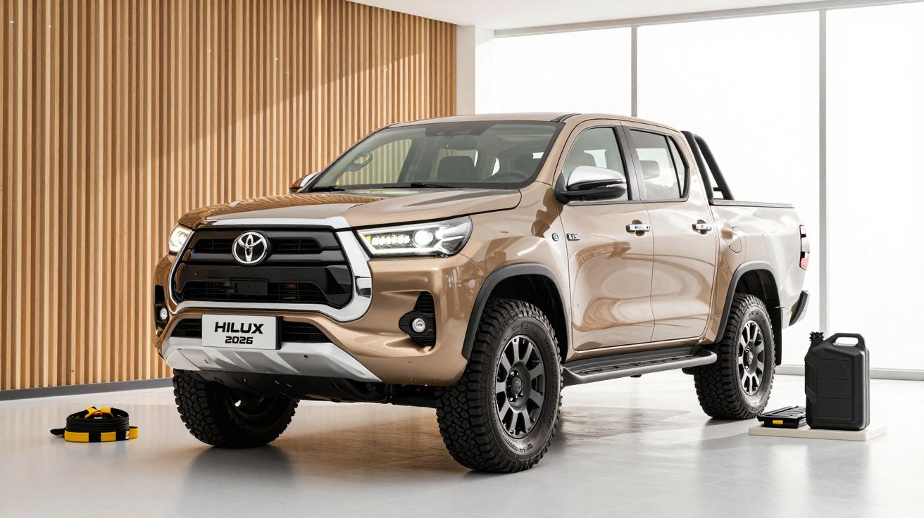 2025 gold Toyota Hilux pickup truck displayed in a modern showroom with wooden panels and large windows.