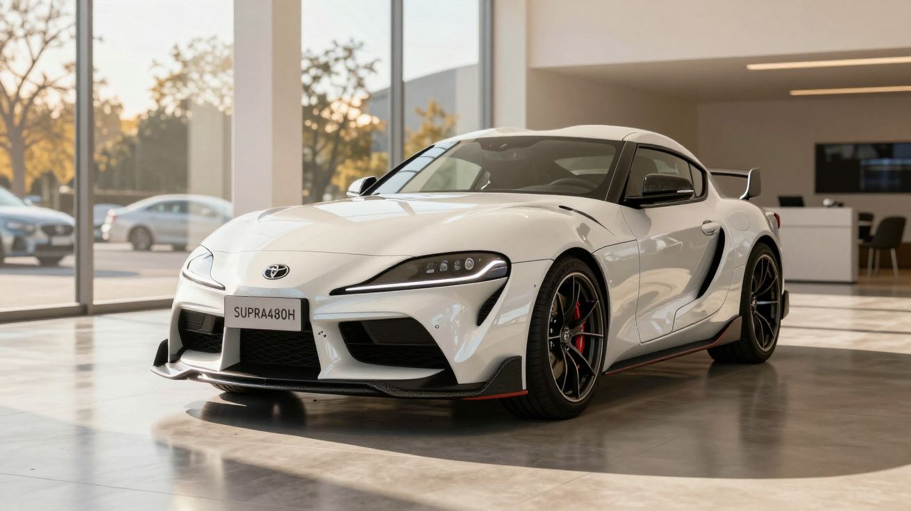 White sports car parked in a modern showroom with large windows and natural light.