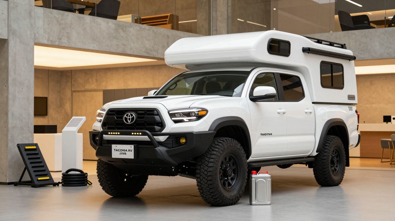 White Toyota Tacoma RV in a modern showroom with camping equipment nearby.