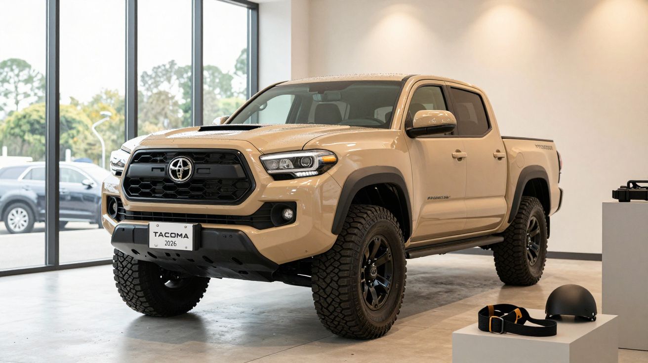 Tan Toyota Tacoma pickup truck displayed in a bright showroom with large windows.