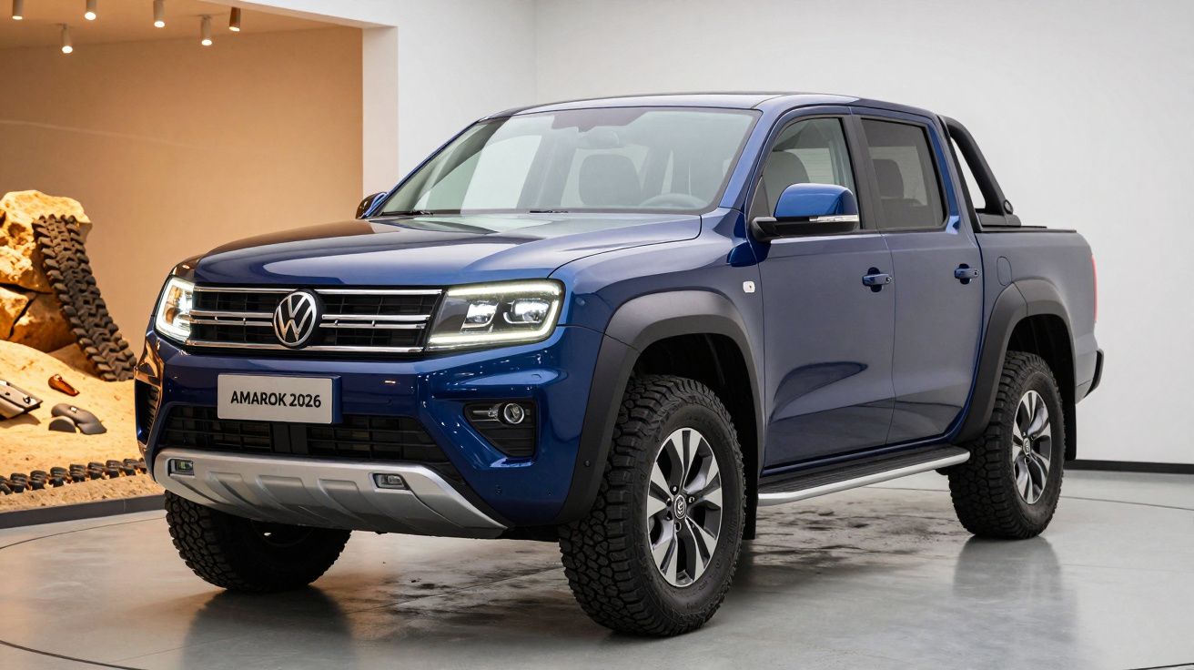 Blue Volkswagen Amarok 2026 pickup truck in a showroom setting.