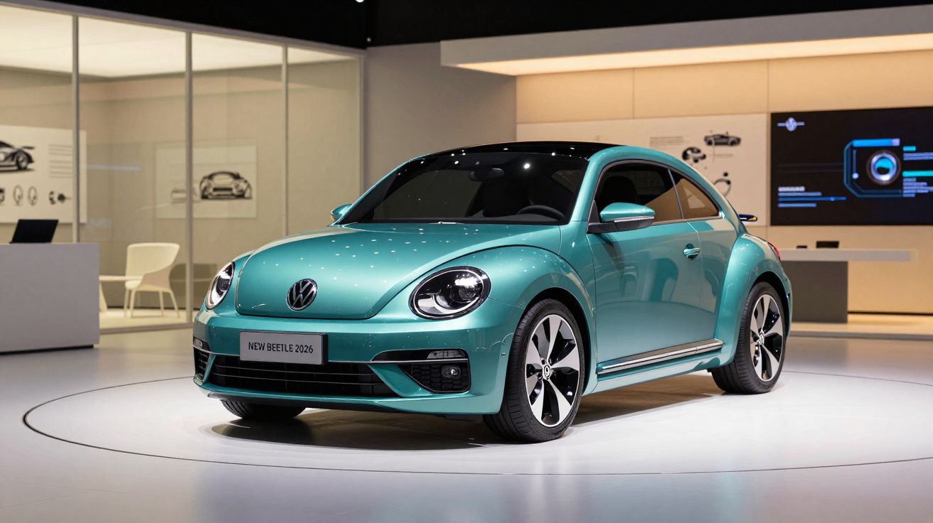 Teal Volkswagen Beetle displayed in a modern showroom under bright lighting.