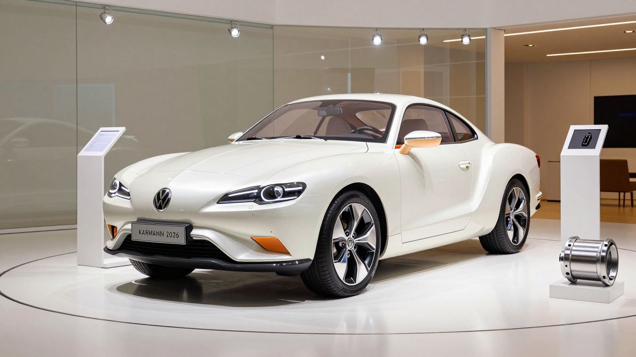 Sleek white Volkswagen Karmann 2026 on display in a modern showroom with spotlights highlighting its design.