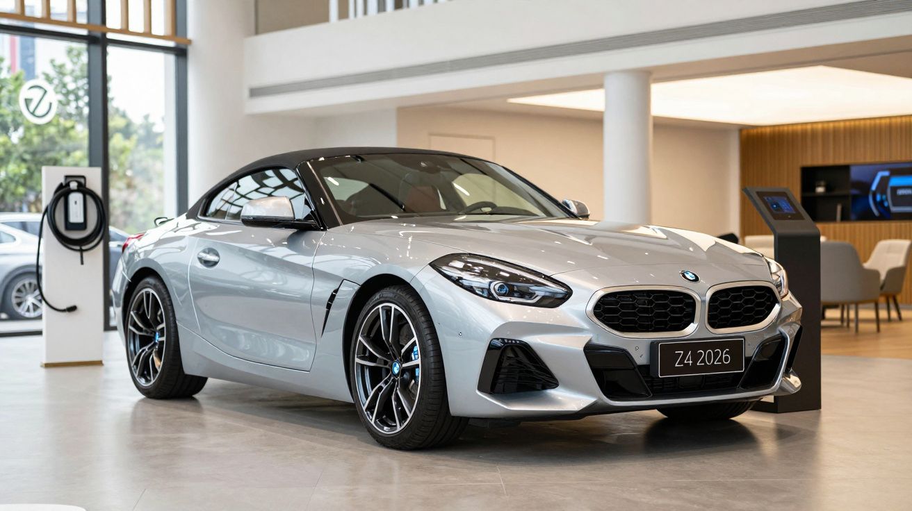Silver BMW Z4 2026 parked in a modern showroom with large windows and charging station nearby.