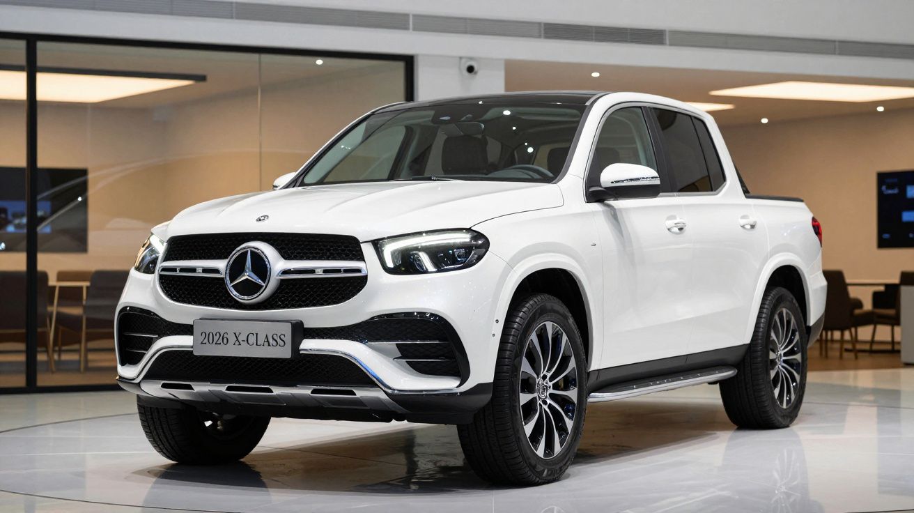 White Mercedes-Benz 2026 X-Class pickup truck displayed indoors, modern showroom setting.