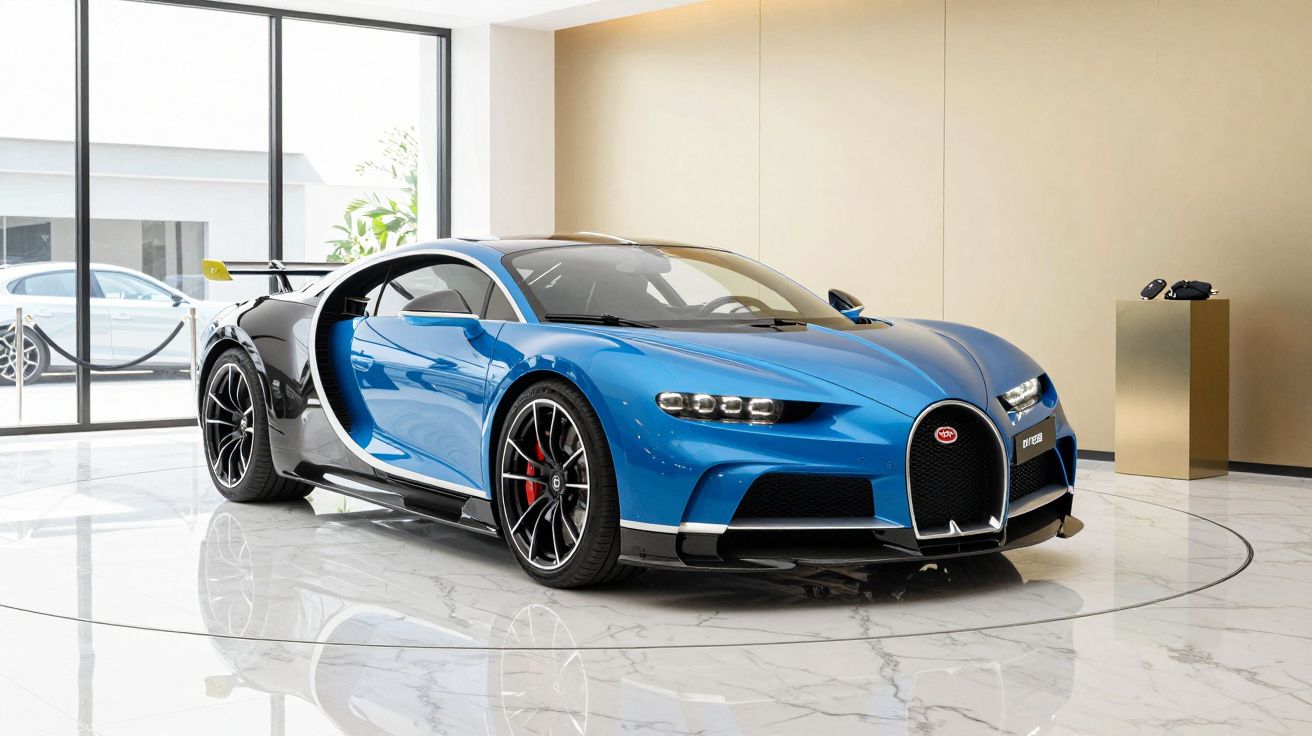 Blue sports car with sleek design on a shiny showroom floor, natural light coming in from large windows in the background.