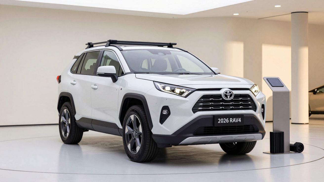 White 2026 Toyota RAV4 SUV displayed in a modern showroom with digital kiosk.
