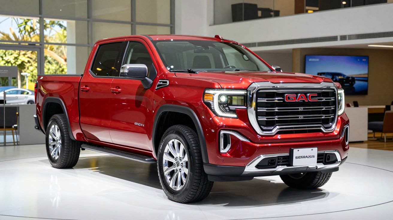Red pickup truck displayed in a showroom with large grille and chrome accents.