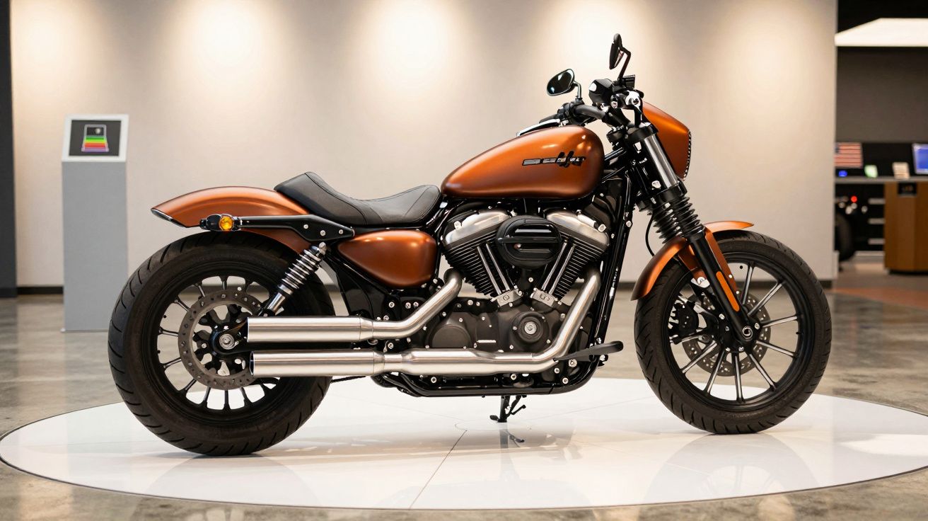Orange and black motorcycle on display in a showroom, side view.