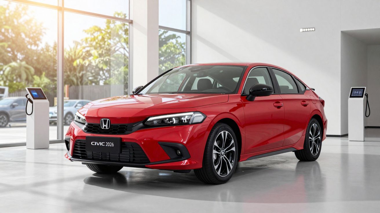 Red Honda Civic 2026 parked in a bright showroom with large windows and digital kiosks in the background.