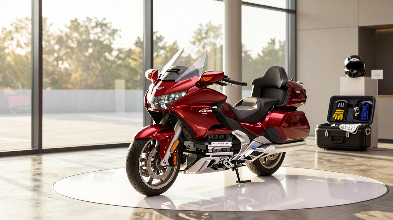 Red touring motorcycle displayed in a modern showroom with large windows and motorcycle accessories.