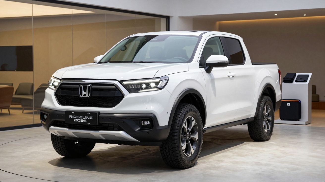 White 2025 Honda Ridgeline truck displayed in a modern showroom.