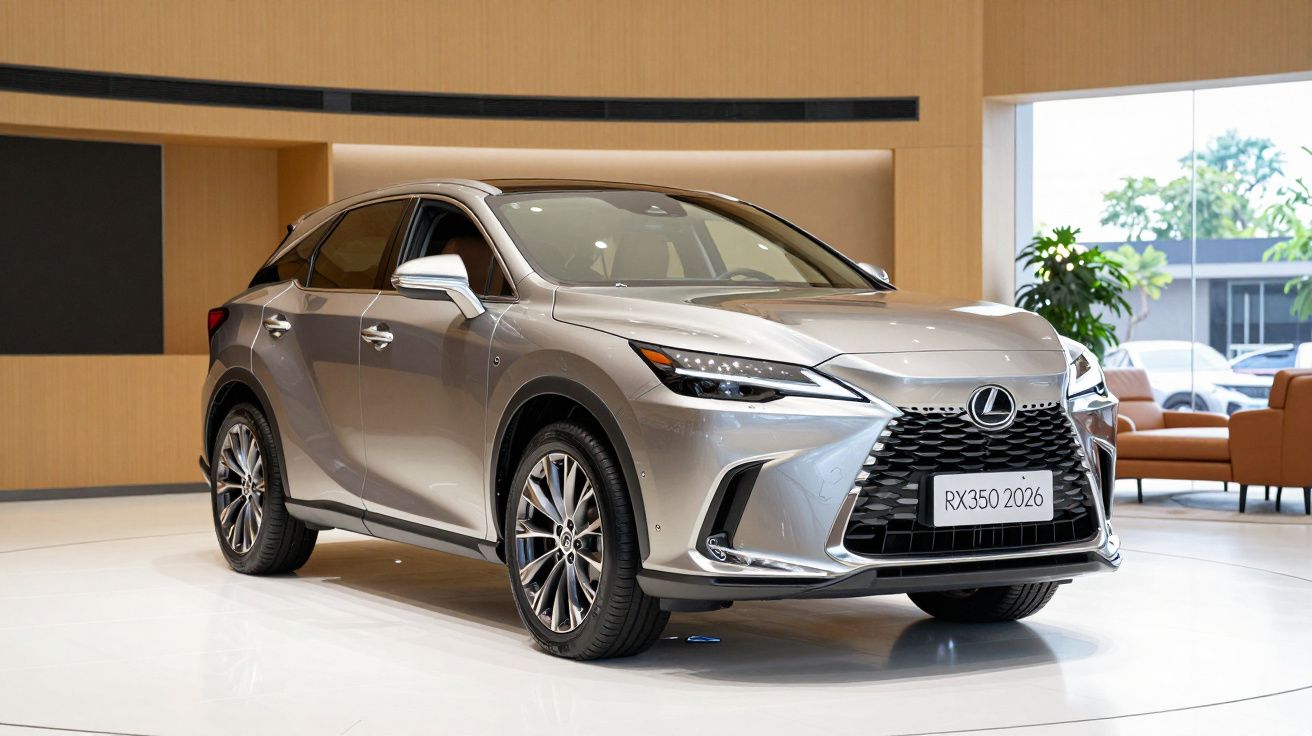 Silver Lexus RX 350 car displayed in a modern showroom with warm lighting and light wood accents.