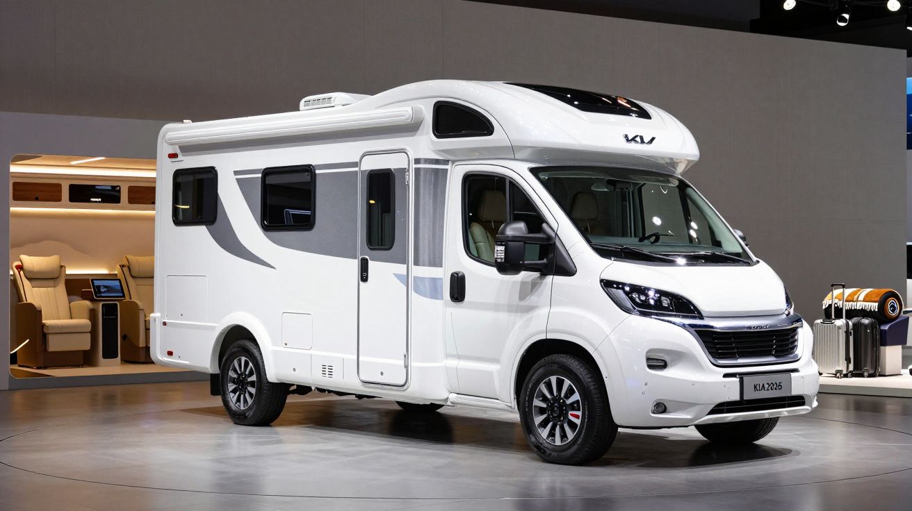 White modern RV on display at an indoor exhibition, showcasing a sleek design with tinted windows and aerodynamic shape.