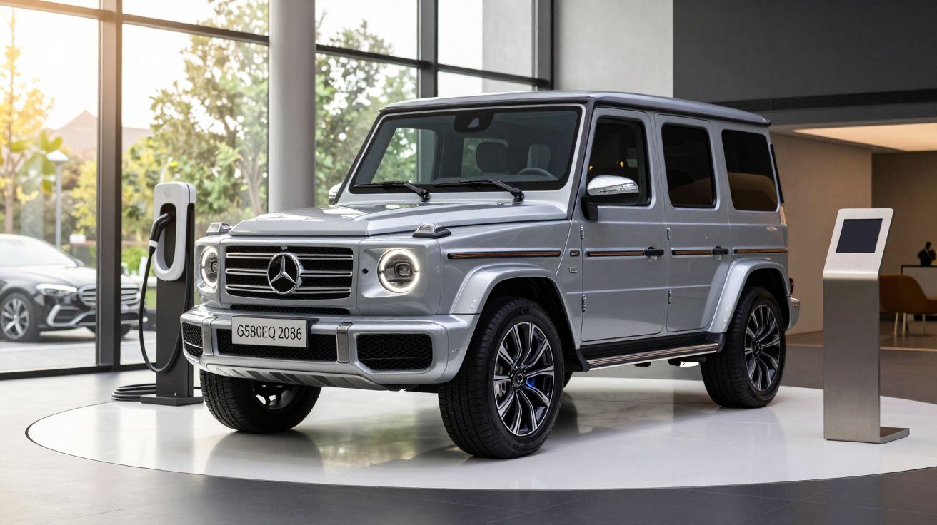 Silver Mercedes-Benz SUV showcased indoors on a circular platform with large windows in the background.