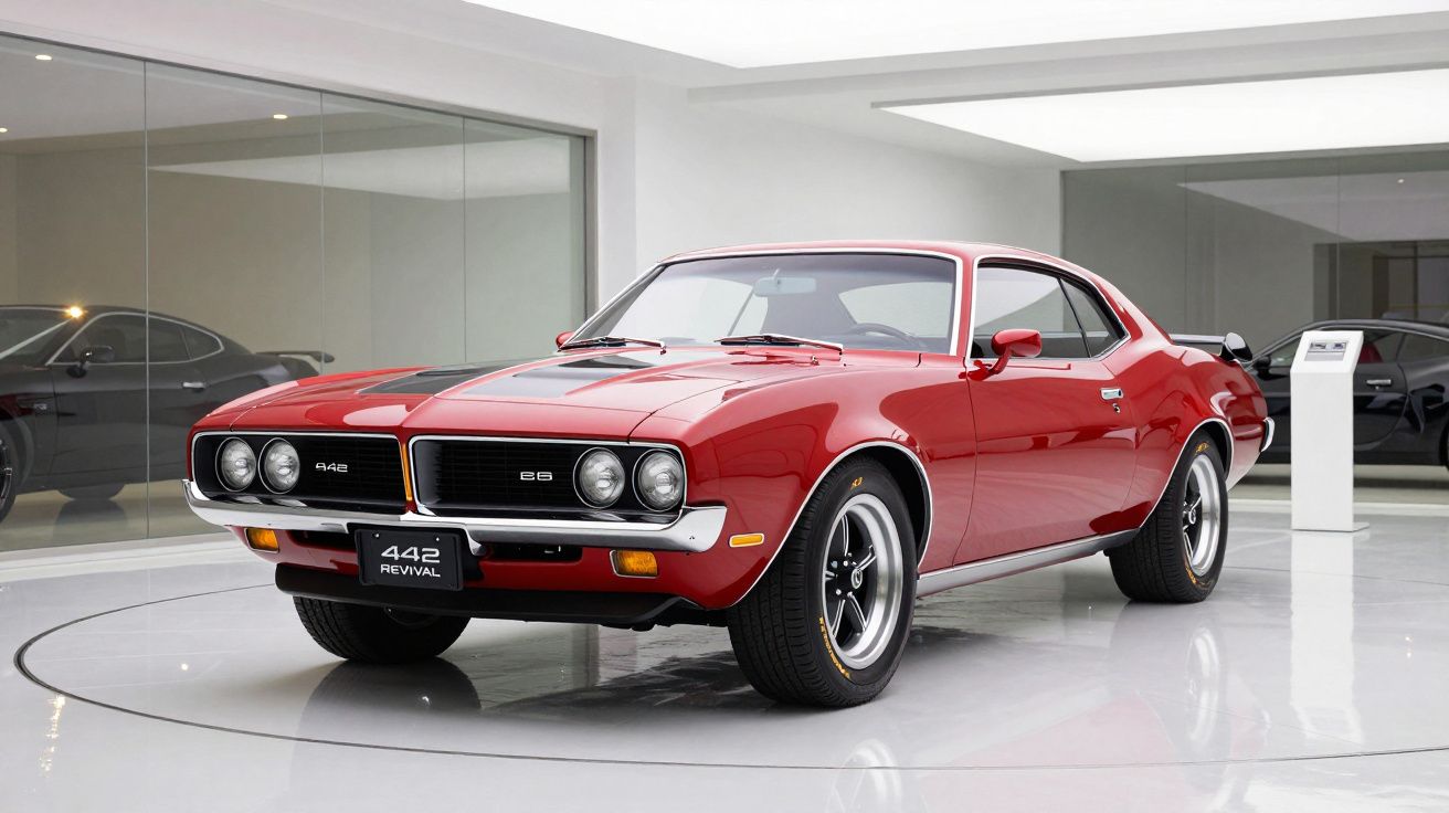 Red vintage muscle car displayed in a showroom with glass walls.
