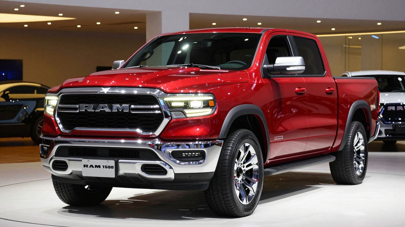 Red RAM 1500 truck on display in a showroom with bright lights and other vehicles in the background.