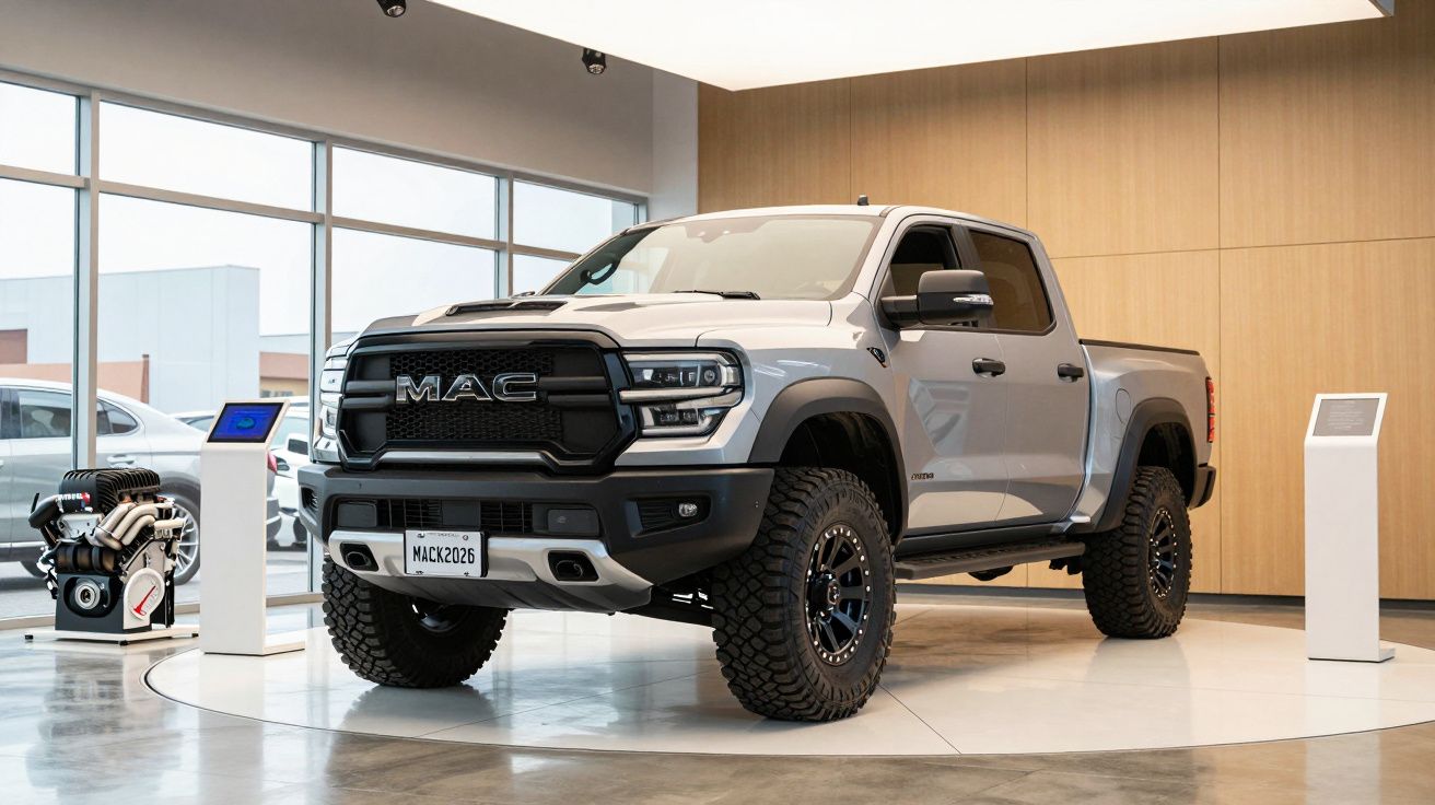 Gray pickup truck with large tires displayed in a modern showroom with wooden walls and large windows.