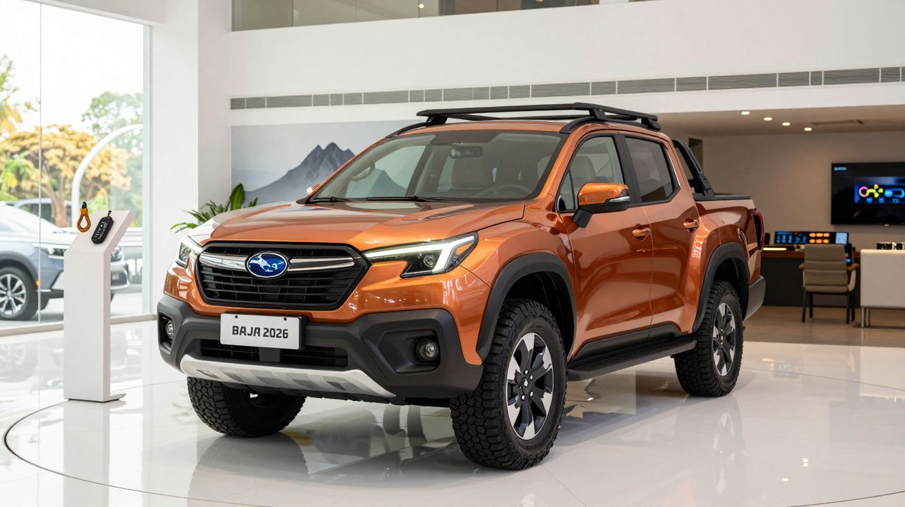 Orange Subaru pickup truck displayed in a modern showroom.