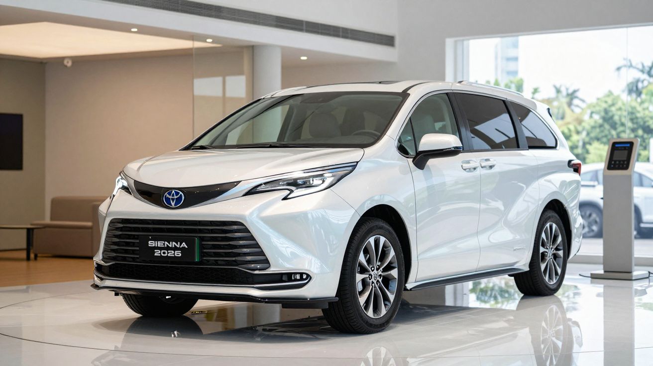 White 2026 Toyota Sienna minivan on display in a showroom.