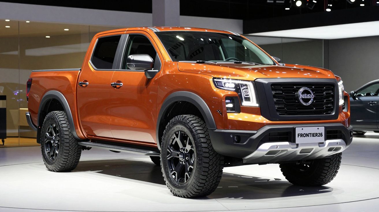Orange pickup truck with black accents displayed on an indoor showroom platform.