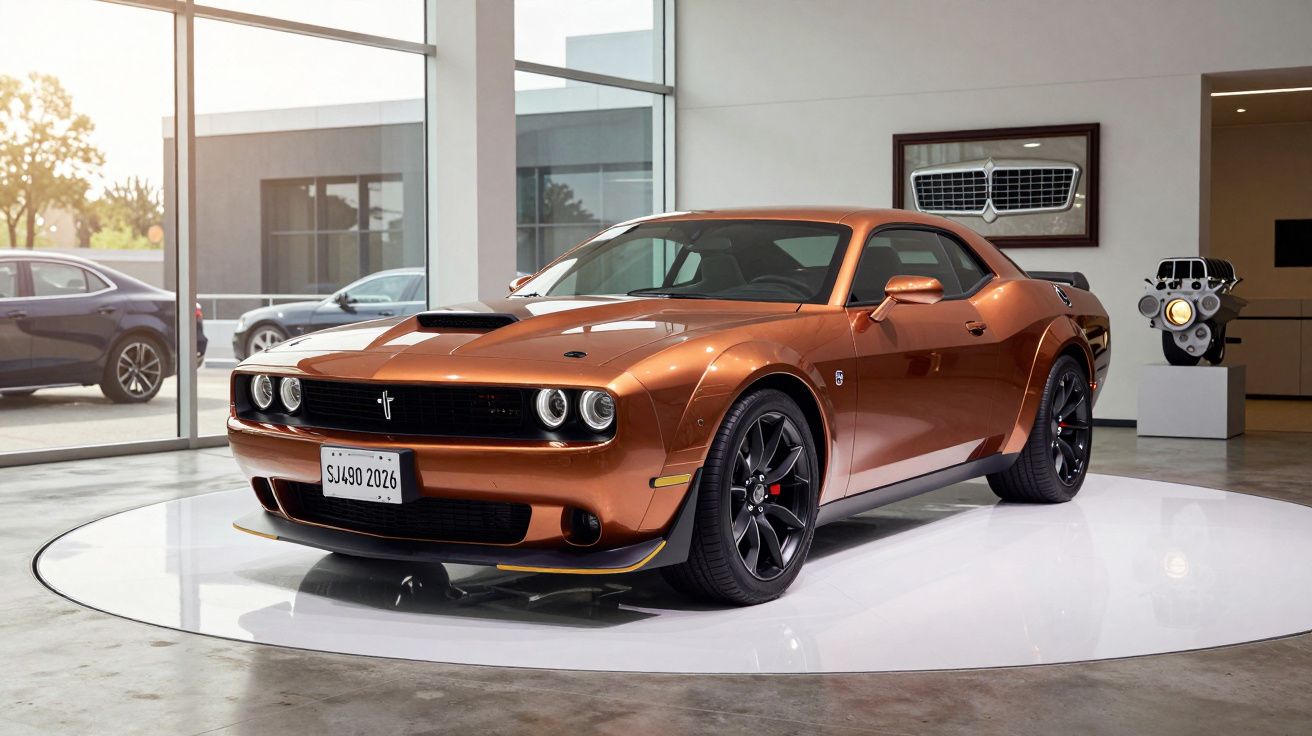 Copper-colored sports car displayed in a modern showroom with large windows.