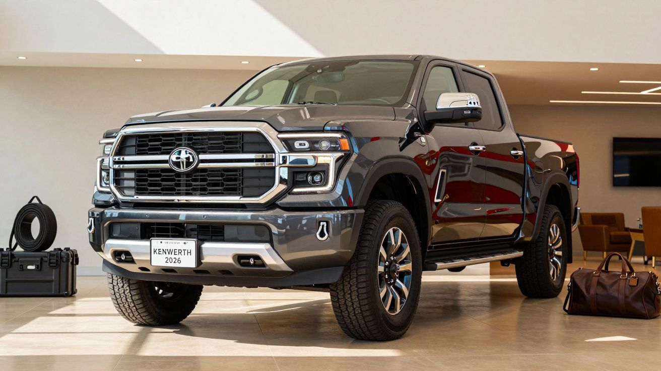 2026 Kenwerth pickup truck in showroom, surrounded by luggage and equipment cases.